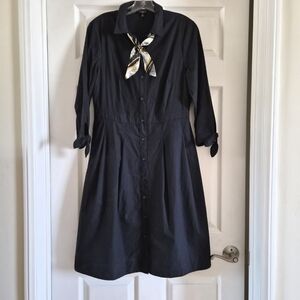 Talbots Black Midi Shirt Dress with Gold & White Accent Scarf